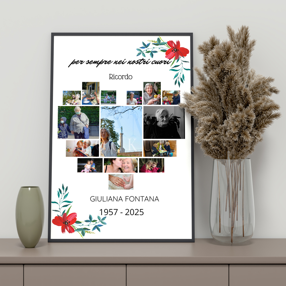 Collage commemorativo con foto a cuore e fiori rossi, in cornice nera su un mobile accanto a un vaso