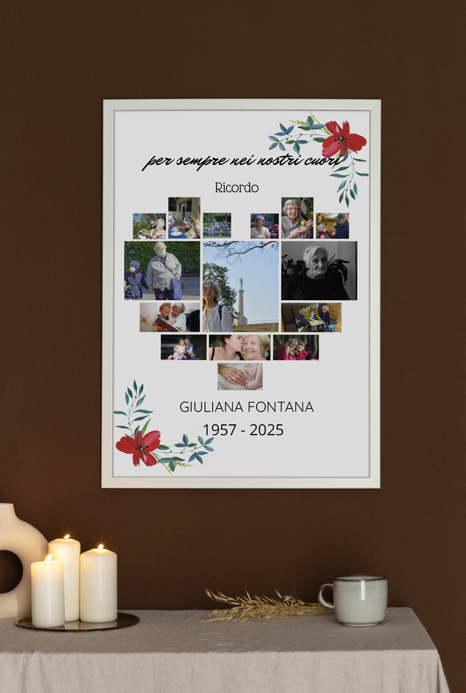 Collage in ricordo di una persona cara, con foto a cuore e fiori, in cornice chiara sopra un tavolo con candele