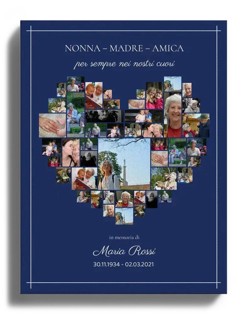 Collage commemorativo su tela con foto a cuore, fondo blu scuro, nome e date, in formato verticale.