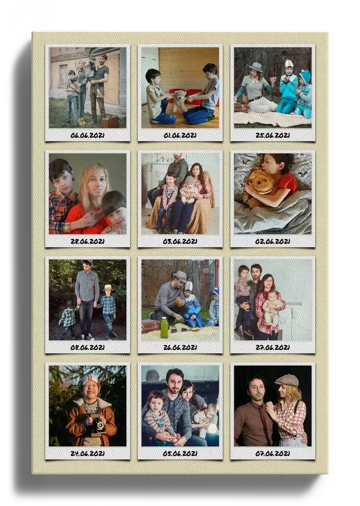 Collage su tela con 12 foto delle vacanze in stile istantanea e date su sfondo beige