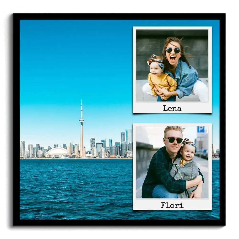 Collage di foto delle vacanze in cornice nera, con città sull’acqua e due foto stile Polaroid con nomi a destra