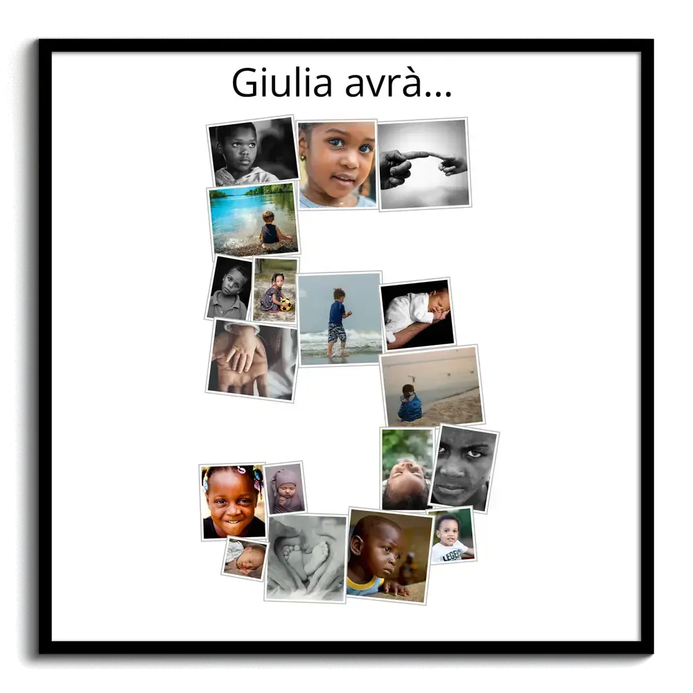 Collage di foto a forma di numero 5 con nome personalizzato, in cornice nera su fondo bianco