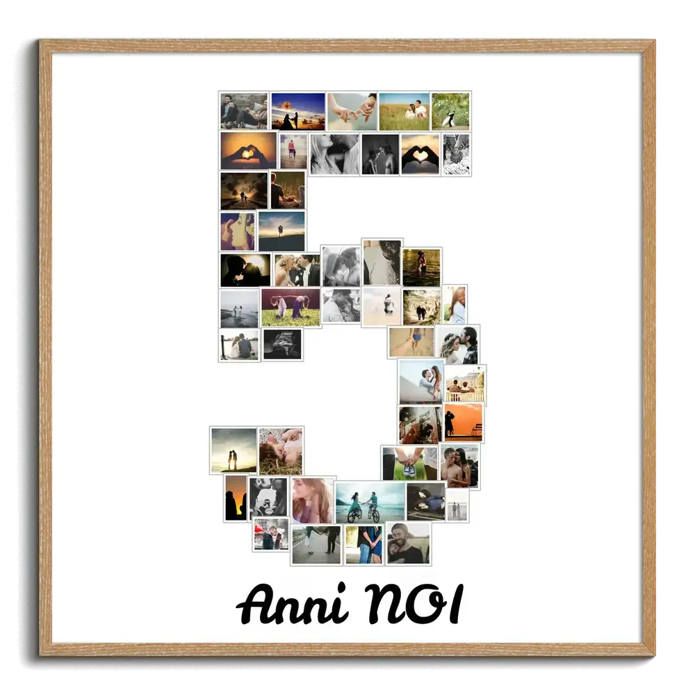 Collage di foto a forma di numero 5 su fondo bianco, con dedica personalizzata e cornice in legno naturale