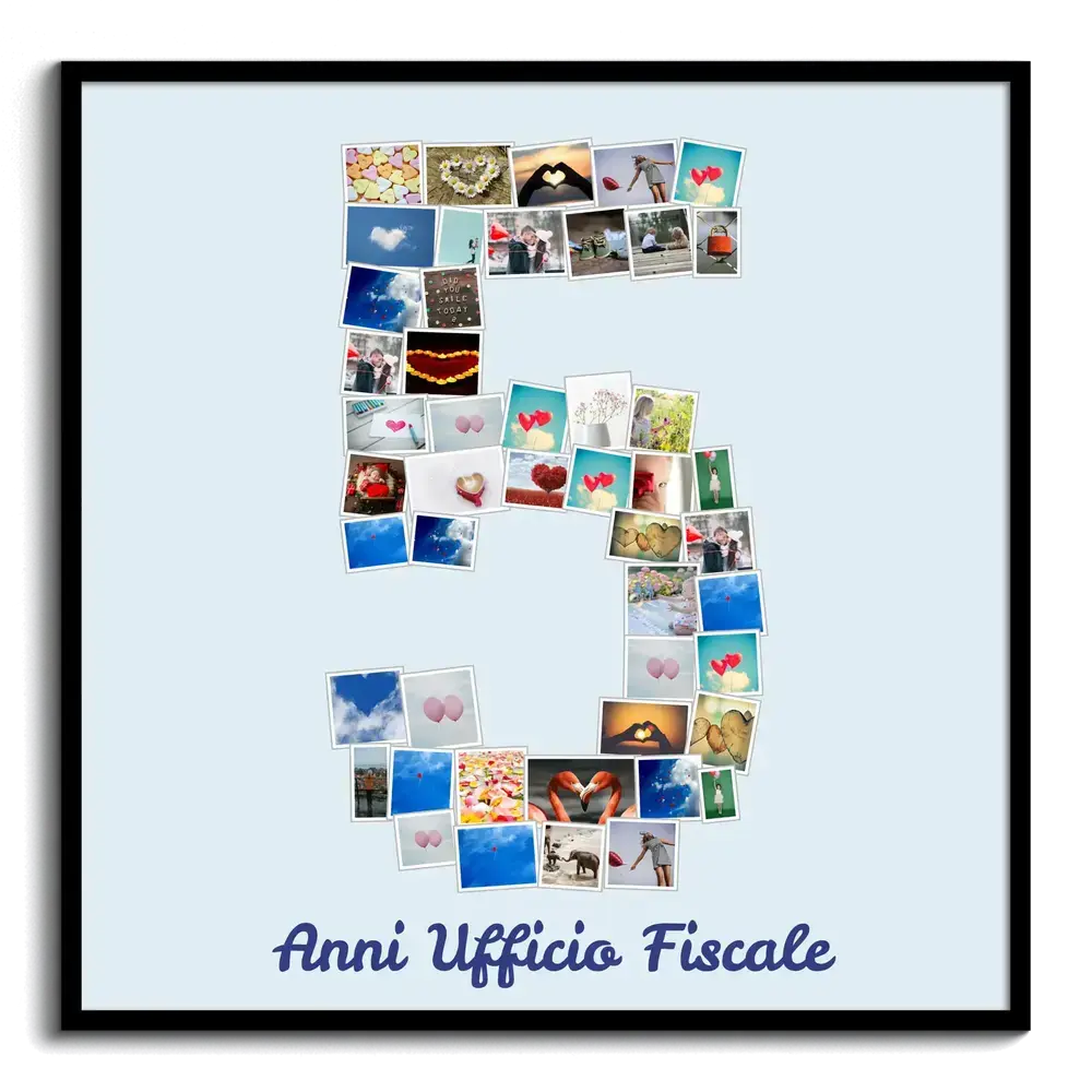 Collage di foto a forma di 5 per un anniversario aziendale, con sfondo azzurro e cornice nera