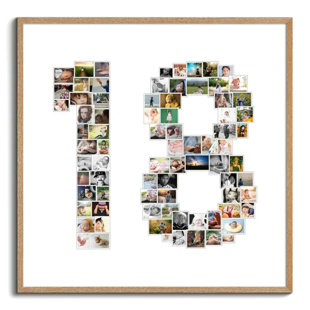 Collage di foto a forma di 18 su fondo bianco con cornice in legno naturale, regalo per il diciottesimo
