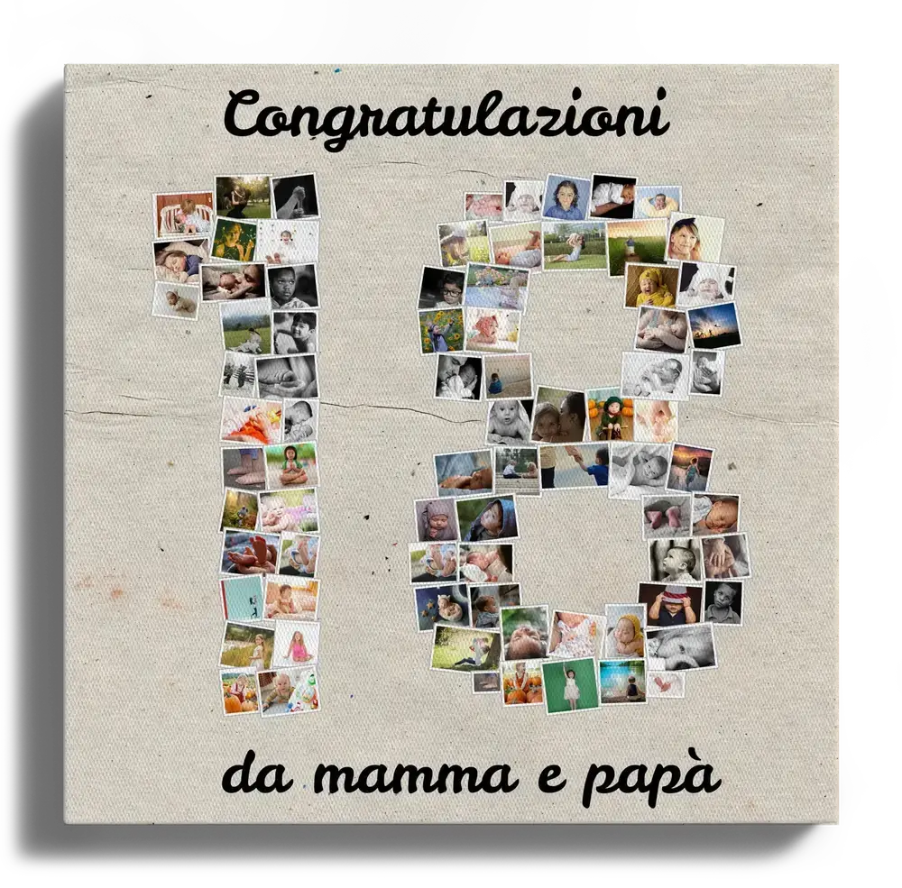 Collage di foto a forma di 18 su tela, con fondo beige e dedica dei genitori per il diciottesimo compleanno