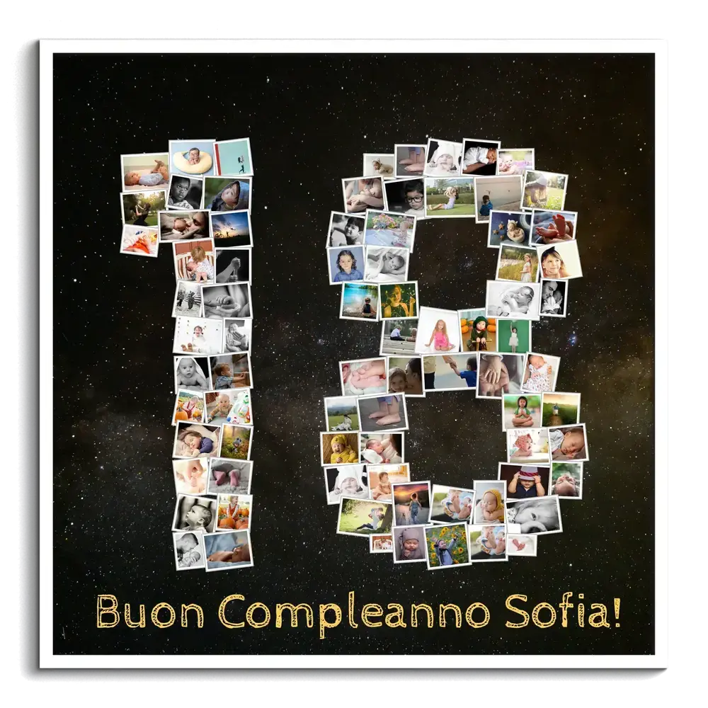 Collage fotografico a forma di 18 su fondo nero stellato, con cornice bianca e auguri di compleanno dorati