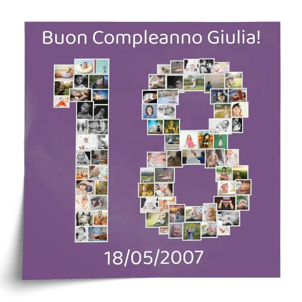 Poster con collage di foto a forma di 18 su fondo viola, personalizzato con nome e data per il diciottesimo