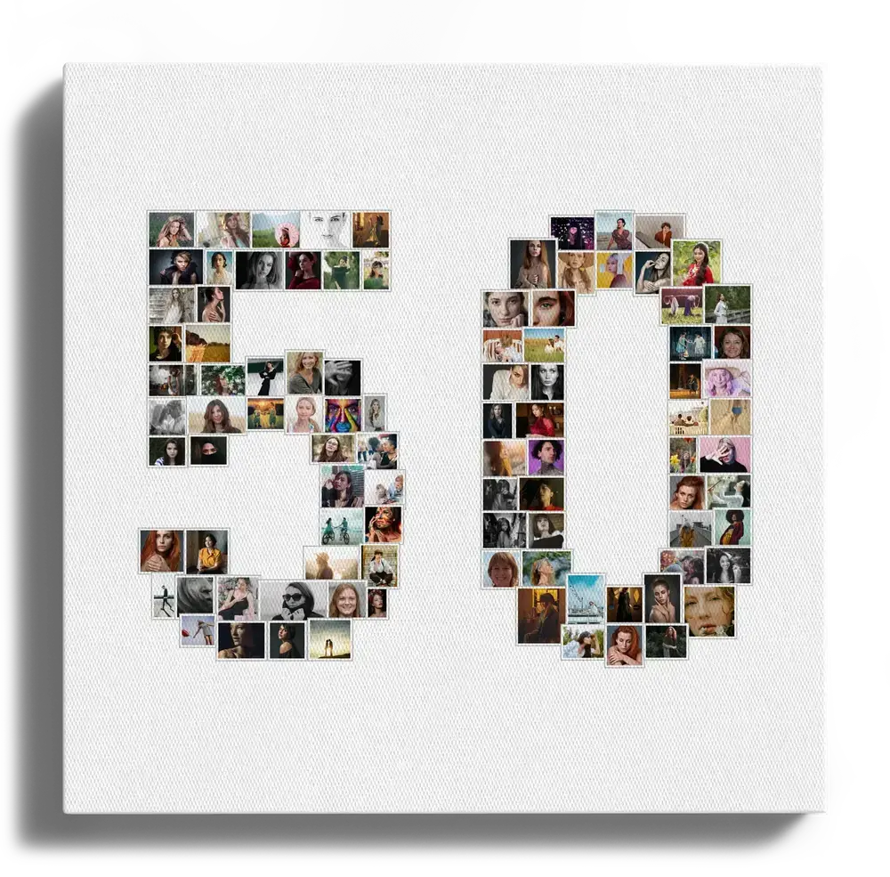 Collage di foto a forma di 50 su tela bianca, un regalo personalizzato per un anniversario