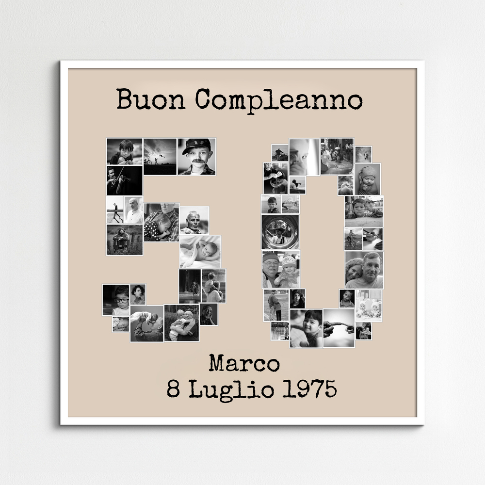 Collage a forma di 50 con foto in bianco e nero e cornice bianca, regalo personalizzato per il 50° compleanno