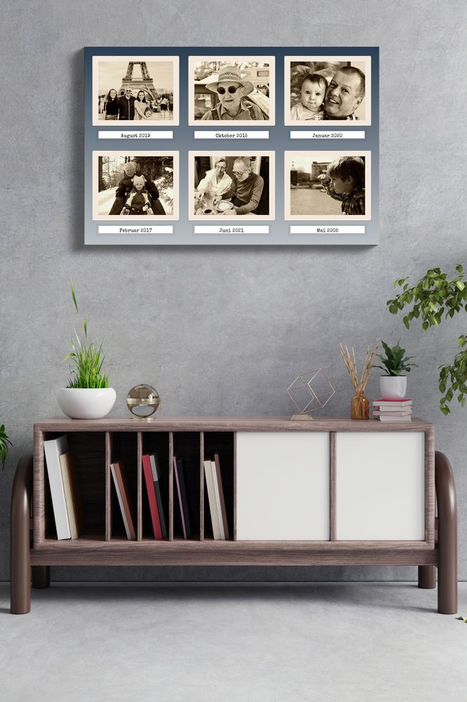 Collage rétro senza cornice con 6 foto seppia e date su fondo grigio-azzurro, sopra una credenza su una parete grigia