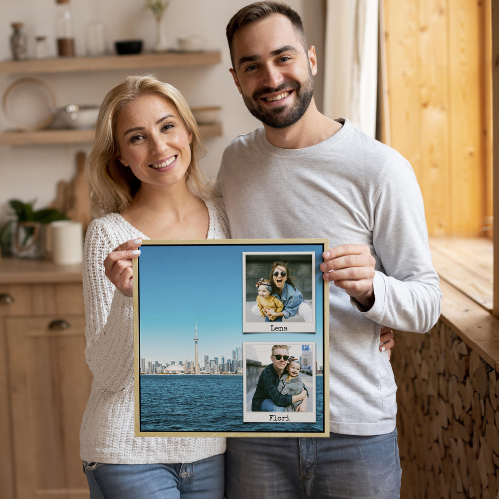 Collage delle vacanze con città e foto Polaroid in cornice dorata, regalo personalizzato per compagni di viaggio