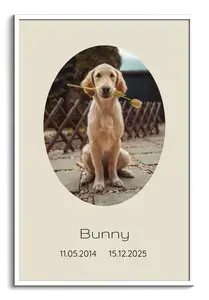 Crea collage ricordo cane: foto singola con nome, date, frase e cornice ovale