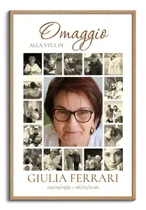 Crea un collage commemorativo verticale con ritratto centrale e 16 foto ricordo