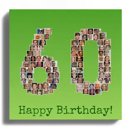 Collage foto rotondo per compleanno come numero 60 con molte foto