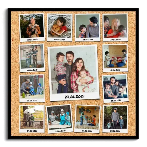 Collage creativo con foto polaroid con dedica su pannello