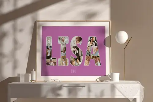 Collage Nome Bambino Foto su Sfondo Lilla