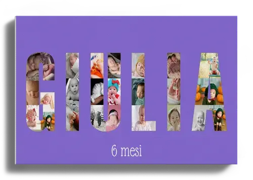Crea la Collage Fotografie Nome Bimbo - Sfondo Lilla, Personalizza ora!