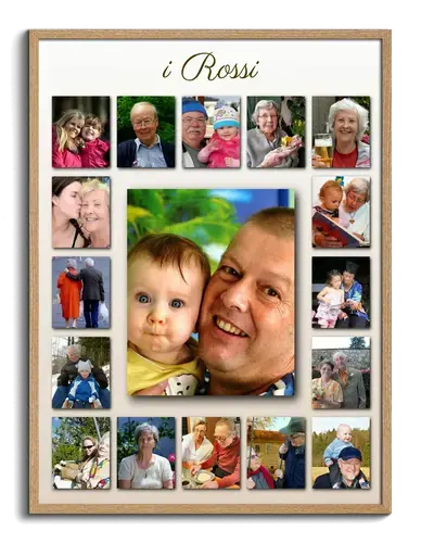 Foto della famiglia come collage creativo disposto con testo e sfondo