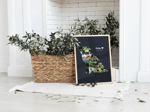 Collage a forma di cane, in ricordo, nome e anni