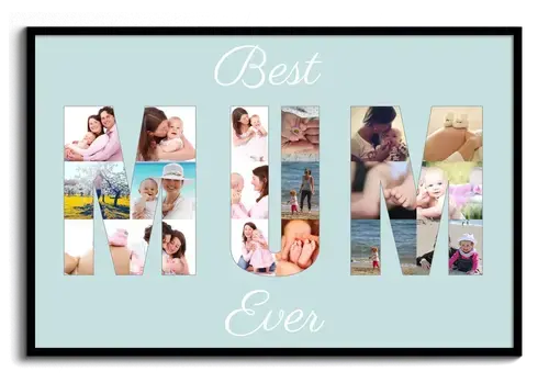 Fotocollage con scritta MUM Best Ever per esempio regalo per Festa della Mamma