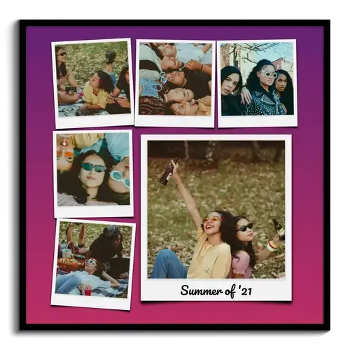 Collage fotografico colorato con foto polaroid e fantastico sfondo