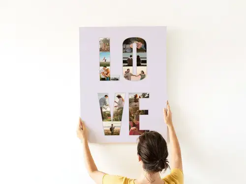 Collage "LOVE" personalizzata con foto su sfondo arancio