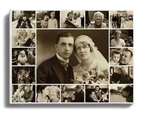 Foto di famiglia come collage fotografico con effetto seppia foto grande al centro