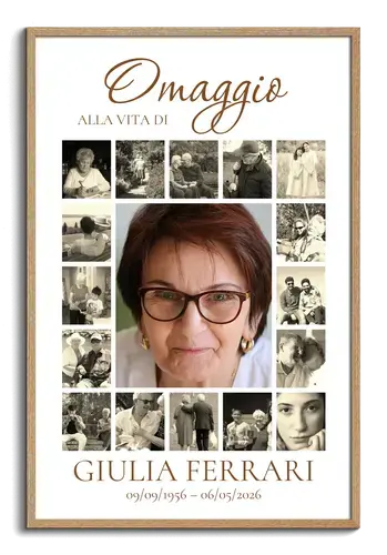 Collage commemorativo: ritratto e 16 foto