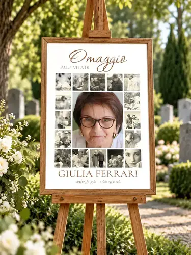 Collage commemorativo: ritratto e 16 foto