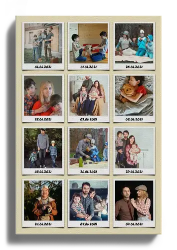 Collage fotografico in griglia con foto Polaroid etichette vacanze