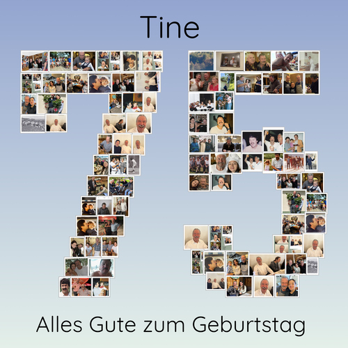 Collage fotografico digitale per il 75° compleanno, con foto a forma di 75 su fondo azzurro, nome e auguri.