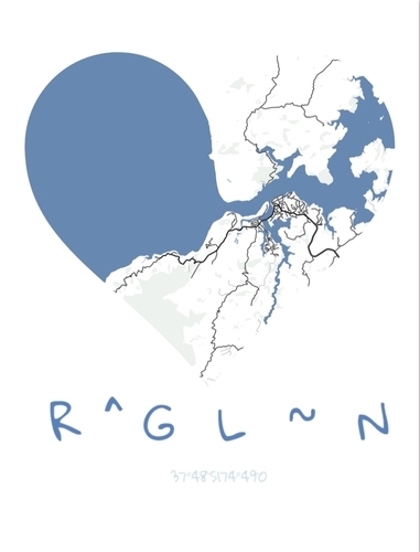 Poster verticale con mappa della città a forma di cuore in bianco e blu e coordinate personalizzate