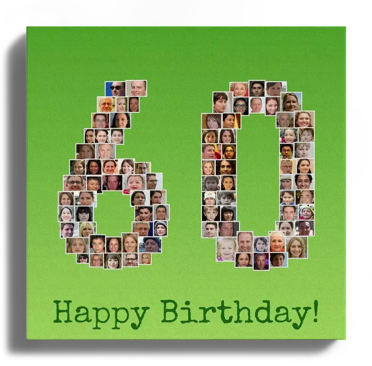 Collage foto rotondo per compleanno come numero 60 con molte foto