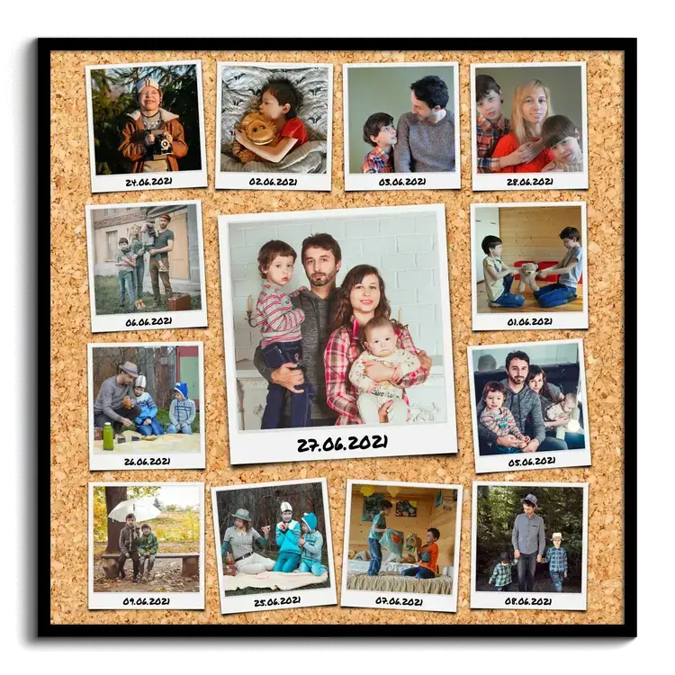 Collage creativo con foto polaroid con dedica su pannello