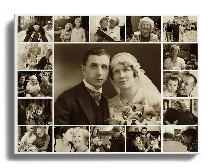 Foto di famiglia come collage fotografico con effetto seppia foto grande al centro