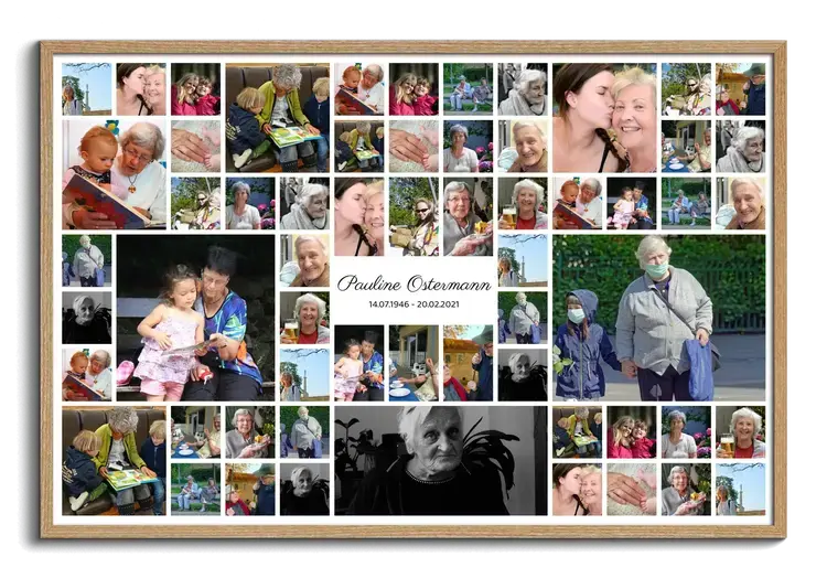 Collage con molte foto per ricordo di una persona defunta