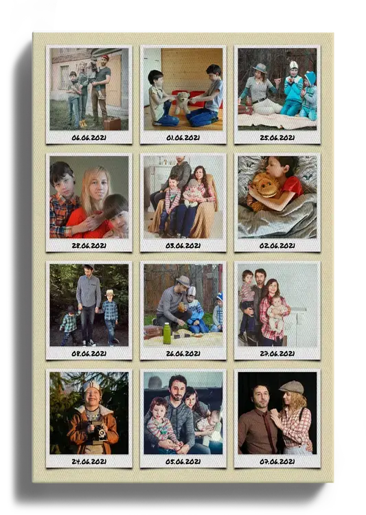 Collage fotografico in griglia con foto Polaroid etichette vacanze